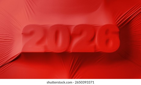 Un fundal de material textil roșu îndrăzneț prezintă numere 3D mari, 2026, care ies la suprafață. Concept de futurism și apropierea tendințelor și evenimentelor de Anul Nou. Promoții de Anul Nou și Crăciun.