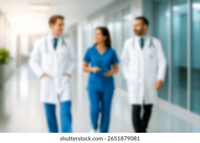 Fundo desfocado. Figuras desfocadas de médicos e enfermeiros em um corredor de hospital. Médicos e enfermeiros caminhando no corredor do hospital. Movimento desfocado. Figura humana em movimento no corredor da clínica.