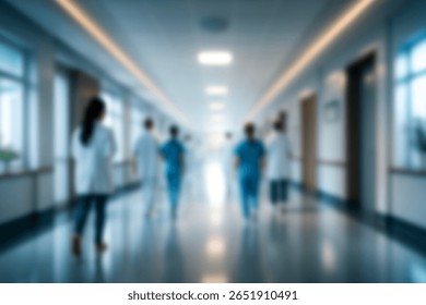 Fundo desfocado. Figuras desfocadas de médicos e enfermeiros em um corredor de hospital. Médicos e enfermeiros caminhando no corredor do hospital. Movimento desfocado. Figura humana em movimento no corredor da clínica.