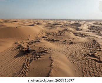 Luchtfoto van het besproeien van zandvlaktegras in de Chinese woestijn.