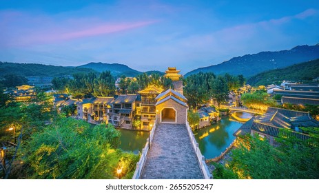 Cityscape of Gubei water town near Beijing in China at twilight