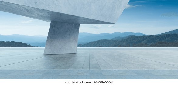 Perspektivní pohled na moderní betonovou budovu s výhledem na horskou krajinu. 3D vykreslování