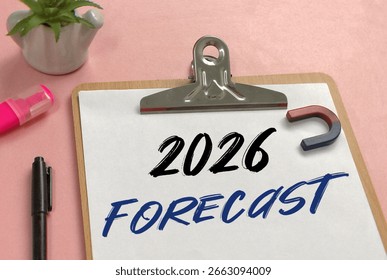 Previziuni pentru anul 2026 pe hârtie albă ca fundal pentru notele de predicții de piață. Conceptul de așteptări și perspective pentru anul 2026.