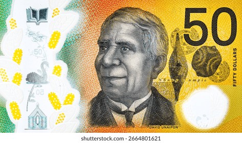 Ritratto di David Unaipon dall'Australia Banconote in polimero da 50 dollari del 2018.