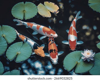 Quatre carpes koï aux couleurs chatoyantes nagent avec grâce parmi les nénuphars d'un vert luxuriant, dans un étang paisible. Une délicate fleur de lotus rose ajoute à la sérénité du tableau.