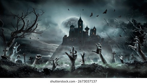 Halloween Zombie - Ręce wyłaniające się z grobu na tle średniowiecznego zamku w blasku księżyca