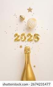 Concept de Nouvel An vertical doré avec bouteille de champagne et décorations festives pour la joie de 2026