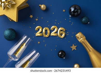 Arrangement festif célébrant la nouvelle année 2026 avec des décorations et du champagne