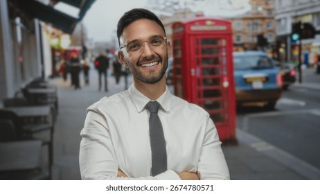 Hombre joven con gafas y corbata sonriendo en una concurrida calle urbana con una icónica cabina telefónica roja y peatones borrosos en el fondo durante el día.