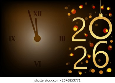 Illustration simple d'une horloge à minuit avec l'inscription « 2026 » et des guirlandes lumineuses sur fond sombre. Idéale pour les fêtes du Nouvel An.