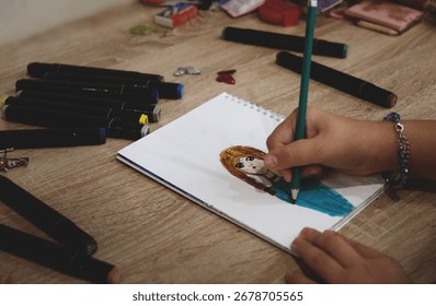 Çocuk ve gençlerin komik eskiz resimlerini boyaması. Kişi çizimi, kız anime tarzı eskiz, alkol bazlı eskiz kalemleriyle çizim ve renklendirme. Çizgi roman. Anime. Gençlik kültürü.