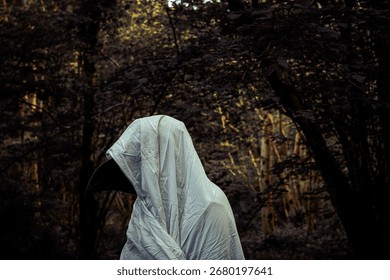 Un'entità fantasmatica soprannaturale e horror con un lenzuolo bianco e una maschera da corvo. In una foresta spettrale.