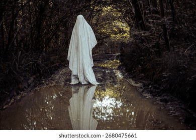 Un'entità fantasmatica soprannaturale e horror con un lenzuolo bianco vicino a uno stagno in una foresta spettrale