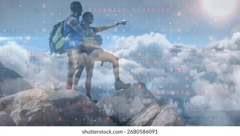 Escursionista che indica il suo compagno su una cima rocciosa, con zaini e avvisi in codice fluttuante. Avventura, esplorazione, natura selvaggia, tecnologia, sicurezza informatica, lavoro di squadra.