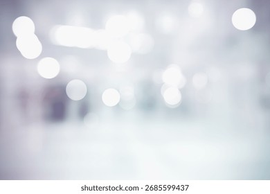 Fundo de escritório desfocado, sala de negócios com luz suave e desfocada, interior moderno com luzes bokeh e espaço vazio.