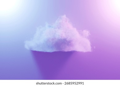 Nube blanca, idea creativa. Imagen minimalista de una esponjosa nube blanca flotando sobre un suave fondo degradado púrpura y azul, que simboliza los sueños, la creatividad, la imaginación y la tecnología de la nube.