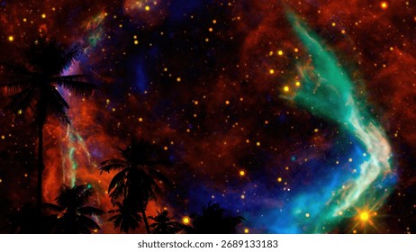 色鮮やかな渦巻きとヤシの木のシルエットが描かれた星空の背景を特徴とする活気に満ちた宇宙のシーンは、不思議と美しさの魅惑的な雰囲気を作り出します。