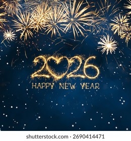 Kartka z życzeniami Szczęśliwego Nowego Roku 2026. Piękny kwadratowy świąteczny baner internetowy lub plakat ze złotym, błyszczącym napisem „Szczęśliwego Nowego Roku 2026” na świątecznym niebieskim tle.