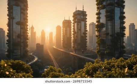Latar Langit Bandar Eko Futuristik dengan Pencakar Langit Hijau ketika Matahari Terbit | Seni Bina Bandar Lestari