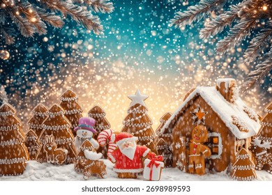 E magescht Wanterwonnerland mam Kleeschen, engem Lebkuchenhaus a schneebedeckte Beem ënner engem blénkegen Nuetshimmel.