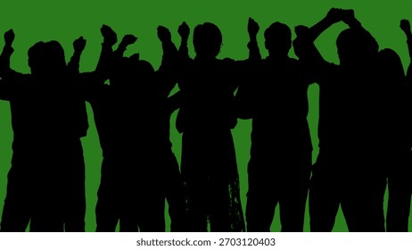 Des silhouettes noires de personnes célèbrent joyeusement leur victoire sur un fond vert incrusté. Contraste minimaliste et composition visuelle moderne, maquette.