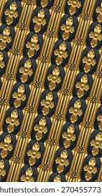 Diagonalt Muster vu ornamentéierte gëllene Blummenmotiver a linearen dekorativen Elementer op engem donkelen texturéierten Hannergrond, wat eng elegant, widderhuelend ornamental Uewerfläch mat räichem metallesche Kontrast erstellt.