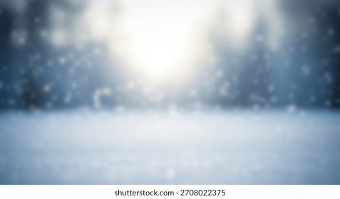 Kar yağışı ve bulanık orman arka planıyla kış harikalar diyarı manzarası, sakin ve büyülü bir atmosfer yaratıyor.