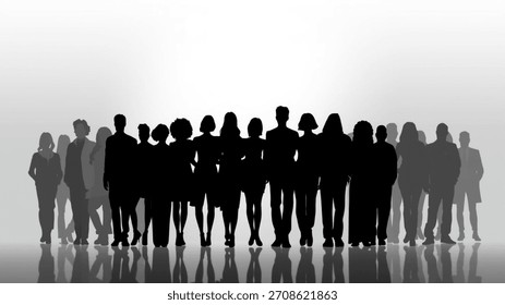 Une silhouette minimaliste en noir et blanc d'un groupe diversifié se tenant côte à côte, se reflétant sur un sol brillant. L'image transmet l'unité, l'égalité et une force tranquille.