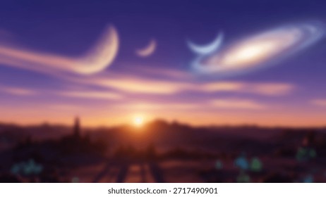 Matahari Terbenam Alien Planet Megah dan Landskap Kosmik pada Senja dengan Dunia Fantasi.