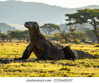 Komodowaran tagsüber im Savannenlebensraum der Insel Komodo beobachtet
