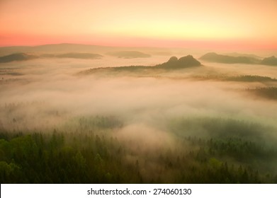 チェコ ザクセン スイスの美しい山の日の出。霧の背景から砂岩のピークが増加し、霧は太陽光線によりオレンジ色になっています。