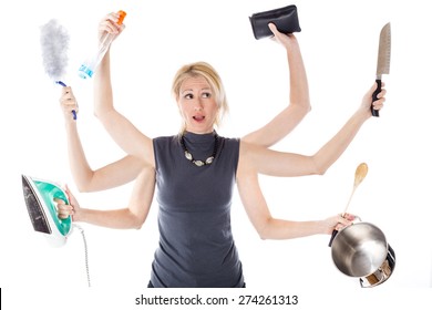 Sehr beschäftigte Multitasking-Hausfrau auf weißem Hintergrund. Konzept von Supermom und Superwoman