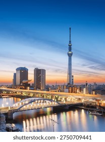 Panoráma Tokia v Japonsku v okrese Sumida nad riekou Sumida v čase modrej hodiny.