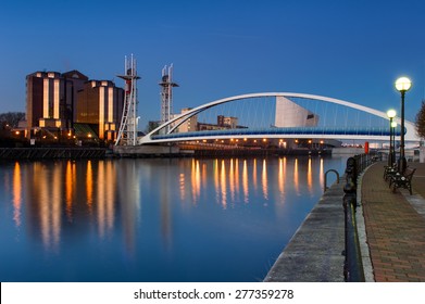 The Salford Quays lift bridge, also known as Salford Quays Millennium footbridge, in Manchester, England.