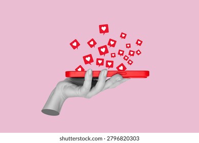 Gray statue hand holding red smartphone with floating social media like icons isolated on pink background. Contemporary art collage about online attention and digital engagement