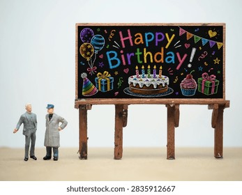 Mini-Spillsaach vun enger Actionfigur am Studio mat onscharfenem Hannergrond. Miniaturfotografie-Konzeptdesign. Minifigur vu Leit mat engem "Happy Birthday"-Posterbanner op enger Reklamm.