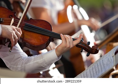 Cận cảnh cây vĩ cầm trong tay một nhạc công trong dàn nhạc