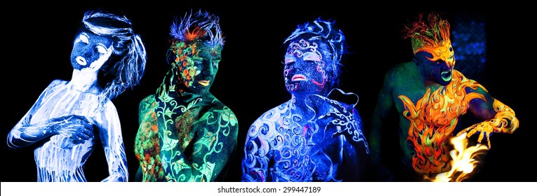Four elements. Body art glowing in ultraviolet light, isolated on black background