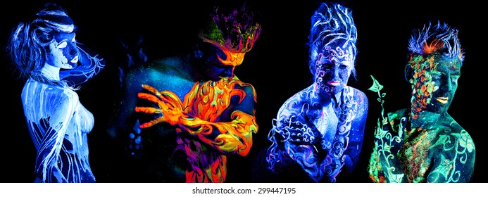 Four elements. Body art glowing in ultraviolet light, isolated on black background
