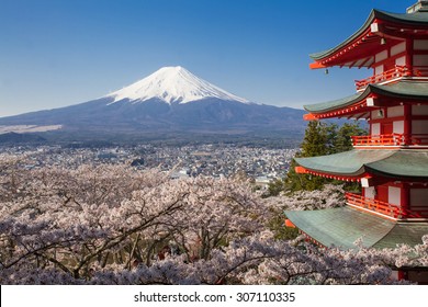 日本の美しい風景山富士と Chureito 赤塔桜桜