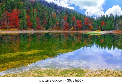 Mountain peaks reaching to the clouds and autumn trees reflected in the ...