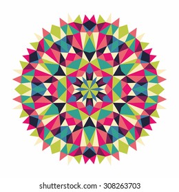 Latar belakang pola segitiga vektor. Mandala kaleidoskop. Template desain spanduk modern, ilustrasi vektor. Mosaik berwarna-warni vektor