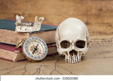 Human Skull and compass on Old map Background