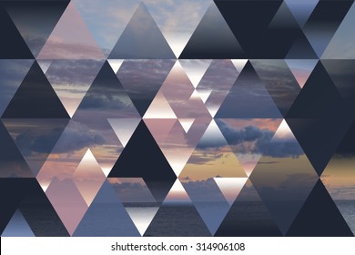 abstract sea geometric background with triangles and cumulus clouds; polygonal cloudscape backdrop; water, evening, sunset, op art