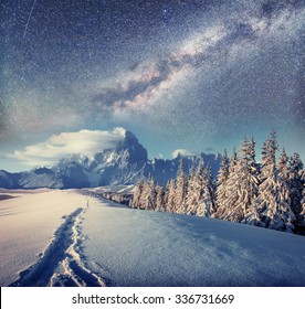 Magische Winterlandschaft mit schneebedecktem Baum. Lebhafter Nachthimmel mit Sternen und Nebel und Galaxie. Deep-Sky-Astrofoto.