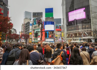 Tokyo, Japan view of Shibuya Crossing, one of the busiest crosswalks in the world. 