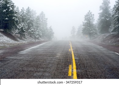 Debu salju pertama musim dingin dengan kabut menciptakan pemandangan yang indah dengan kondisi mengemudi yang berbahaya di satu jalur jalan yang dipenuhi pohon cemara.