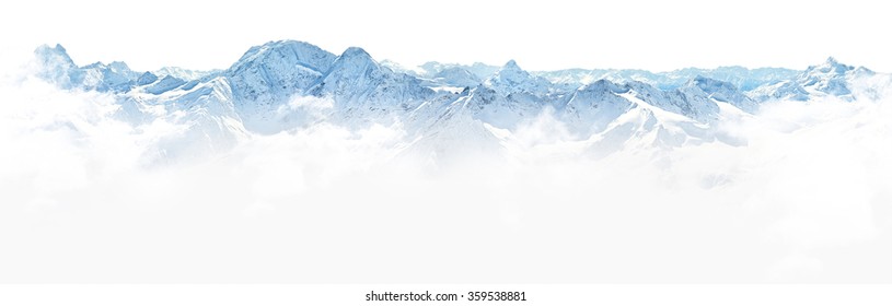 Panorama de las montañas de invierno sobre fondo blanco.