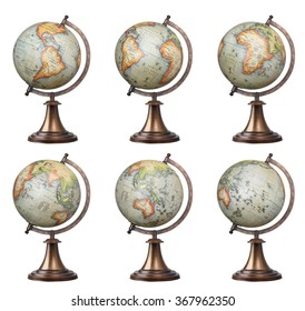 Collection of old style world globes isolated on white background. Showing all continents