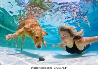 Mujer sonriente jugando con diversión y entrenando cachorro golden retriever en la piscina - salta y bucea bajo el agua para recuperar piedra. Juegos activos con mascotas familiares y razas de perros populares como compañía.